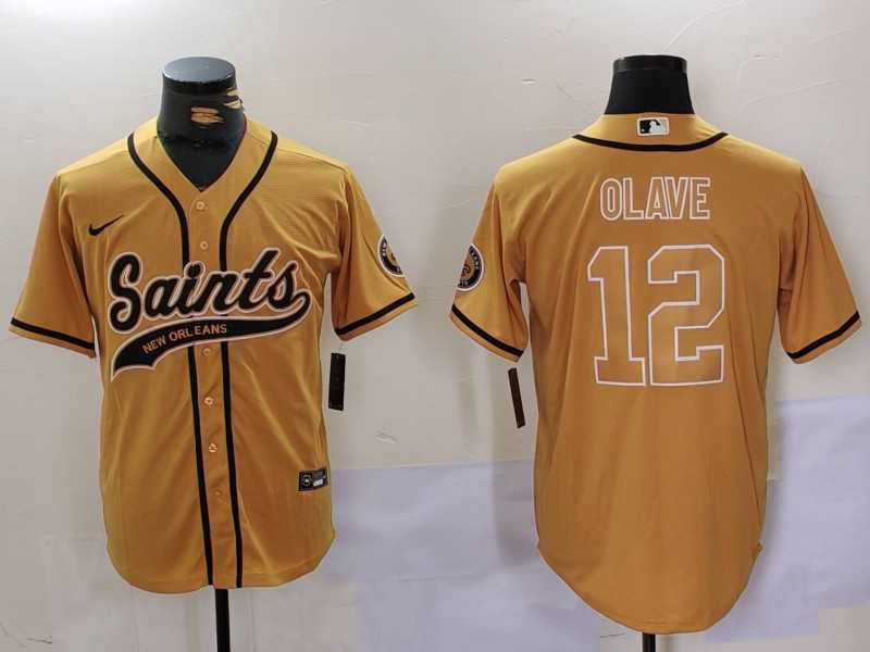 Mens New Orleans Saints #12 Chris Olave Gold Cool Base Stitched Baseball Jersey